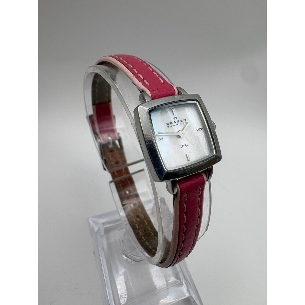 Skagen Denmark 245SSLP Women's Watch Square MOP Dial Pink Leather Strap
